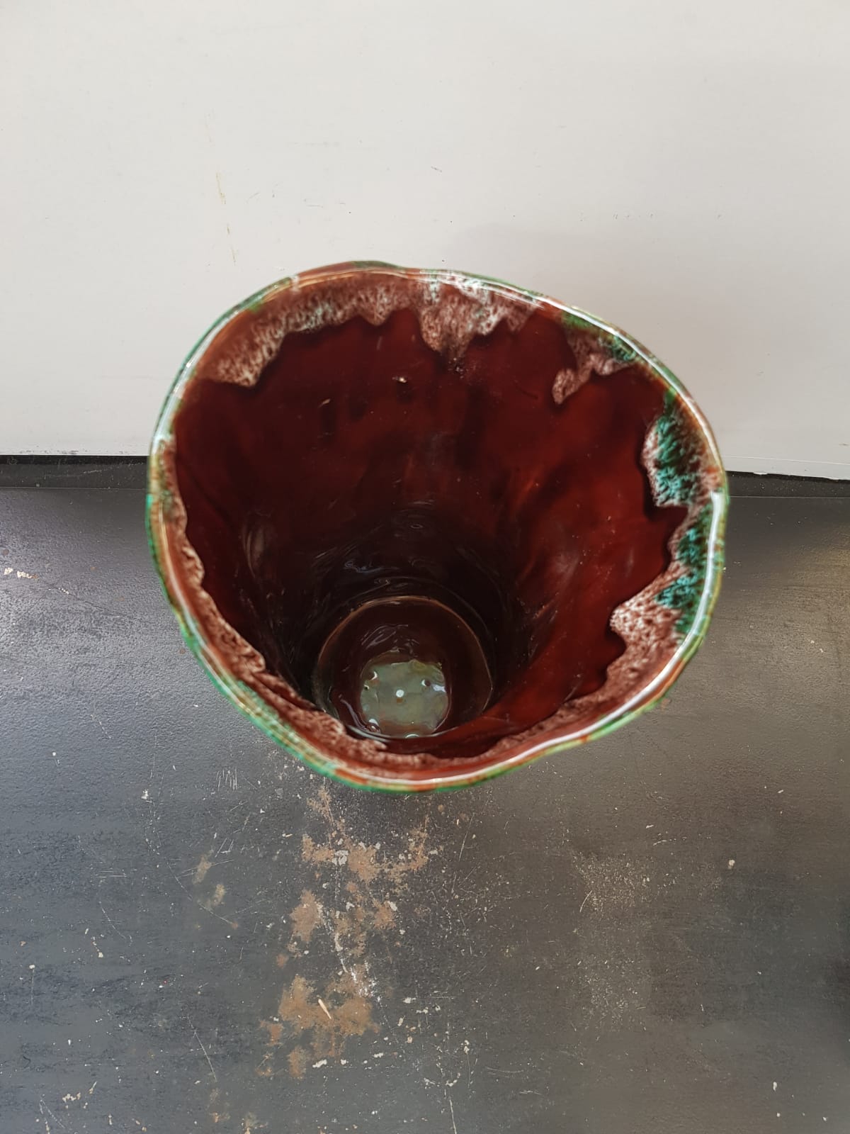 Old Ceramic Vase Form Trunk Brown Green Drips Vintage