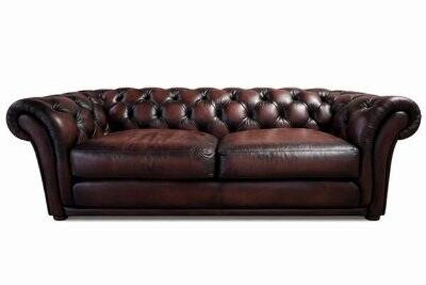 Canapé Chesterfield anglais en cuir marron capitonné