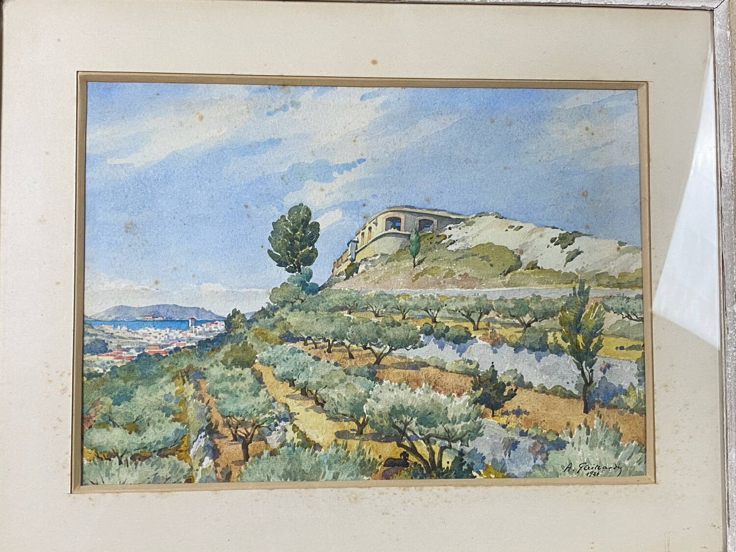 Watercolour landscape of Provence "the fort on the town", early 20th century.