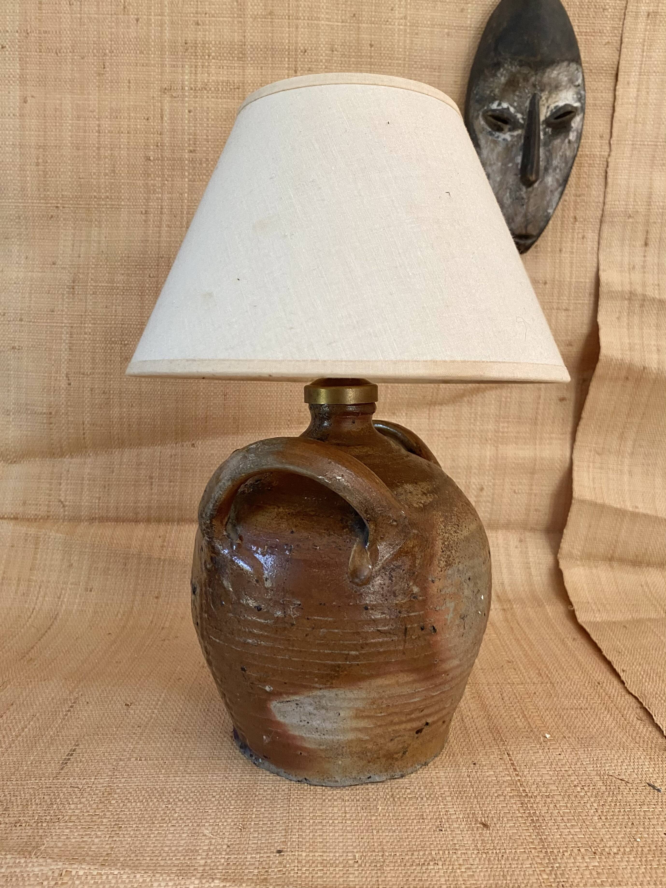 Lampe terre cuite , câble tissu neuf, abat-jour coton