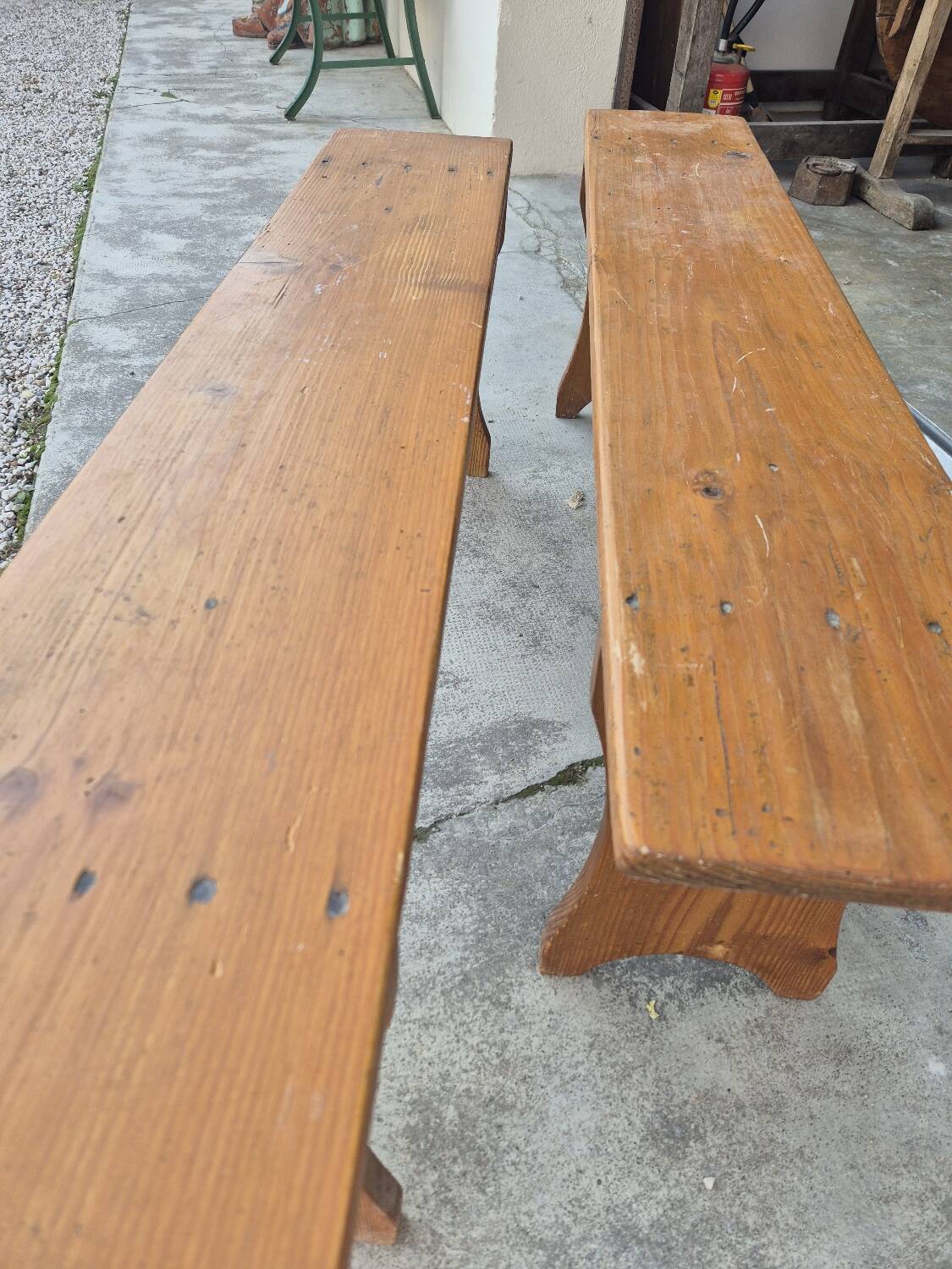 Set of 4 farm benches in old fir 1950s - 1m30