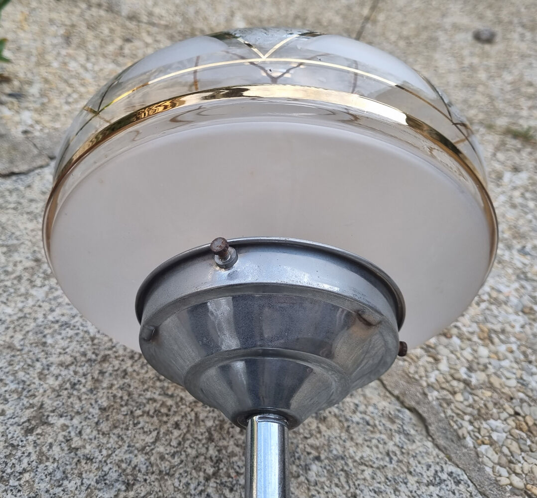 ceiling lamp, aluminum and chiseled glass, vintage, 50s