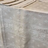 Ancienne nappe lin damassée beige 160 × 180 cm + 12 serviettes