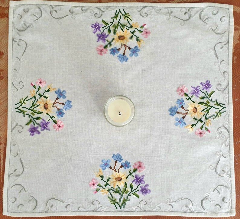 Delicate hand embroidered tablecloth with flowers, Romania