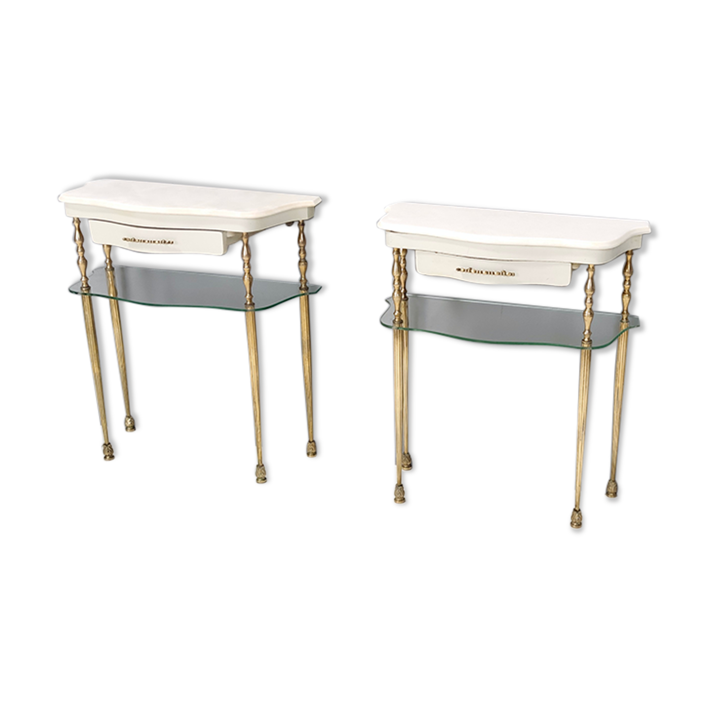 Pair of White Lacquered Nightstands with Marble Tops and Glass Shelves, Italy
