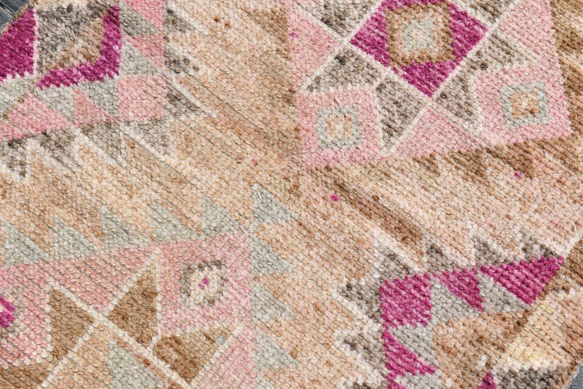 Fuchsia & Pink Vintage Runner Rug,Anatolian Geometric Wool Carpet,80x364 Cm