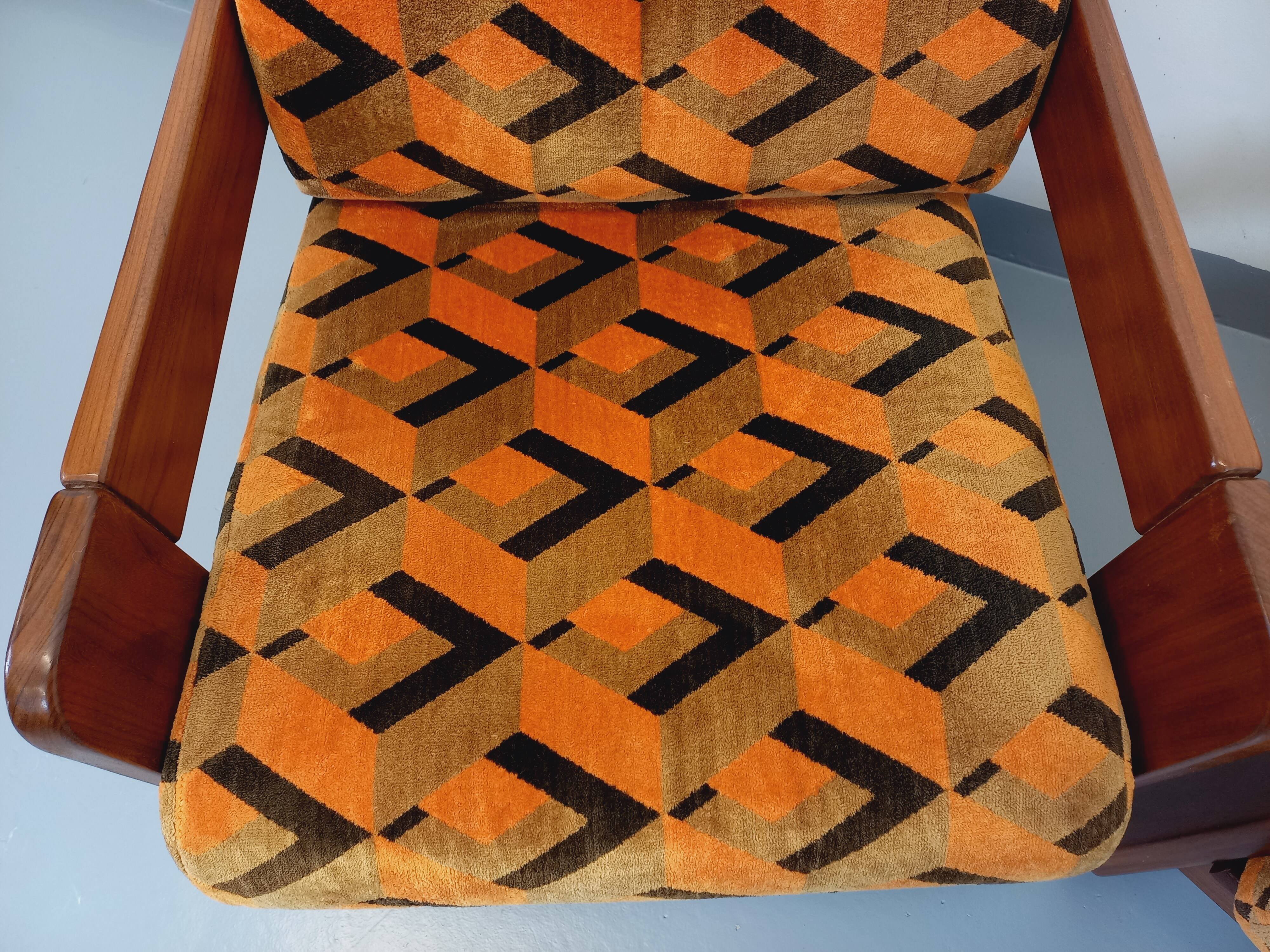 Pair of vintage walnut and velvet fabric sleigh armchairs from the 70s