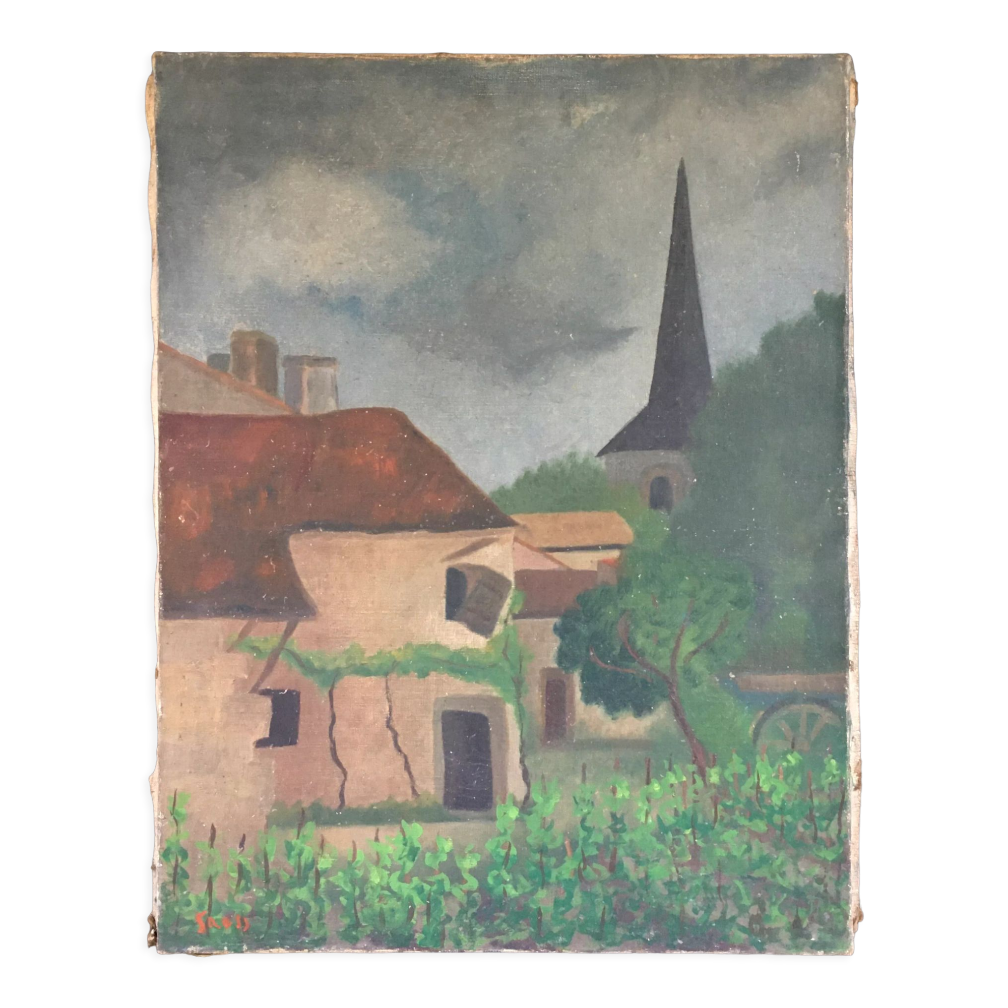 Old painting of the village house and its garden