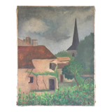 Old painting the village house and its garden