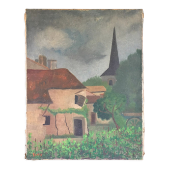 Old painting the village house and its garden