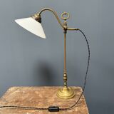 Adjustable brass table lamp with opaline glass shade
