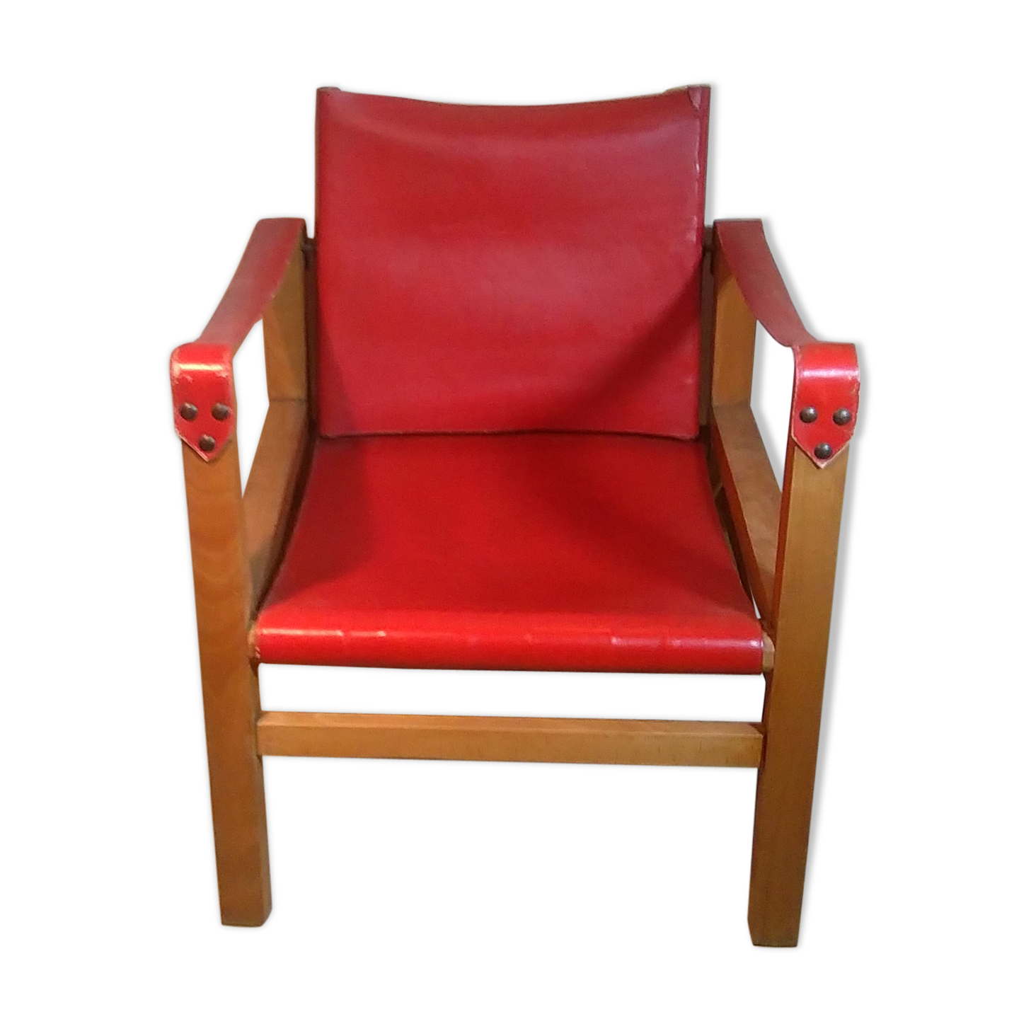 Wood and red leather armchair 60