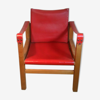 Wood and red leather armchair 60