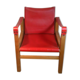 Wood and red leather armchair 60