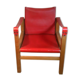 Wood and red leather armchair 60