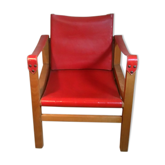 Wood and red leather armchair 60