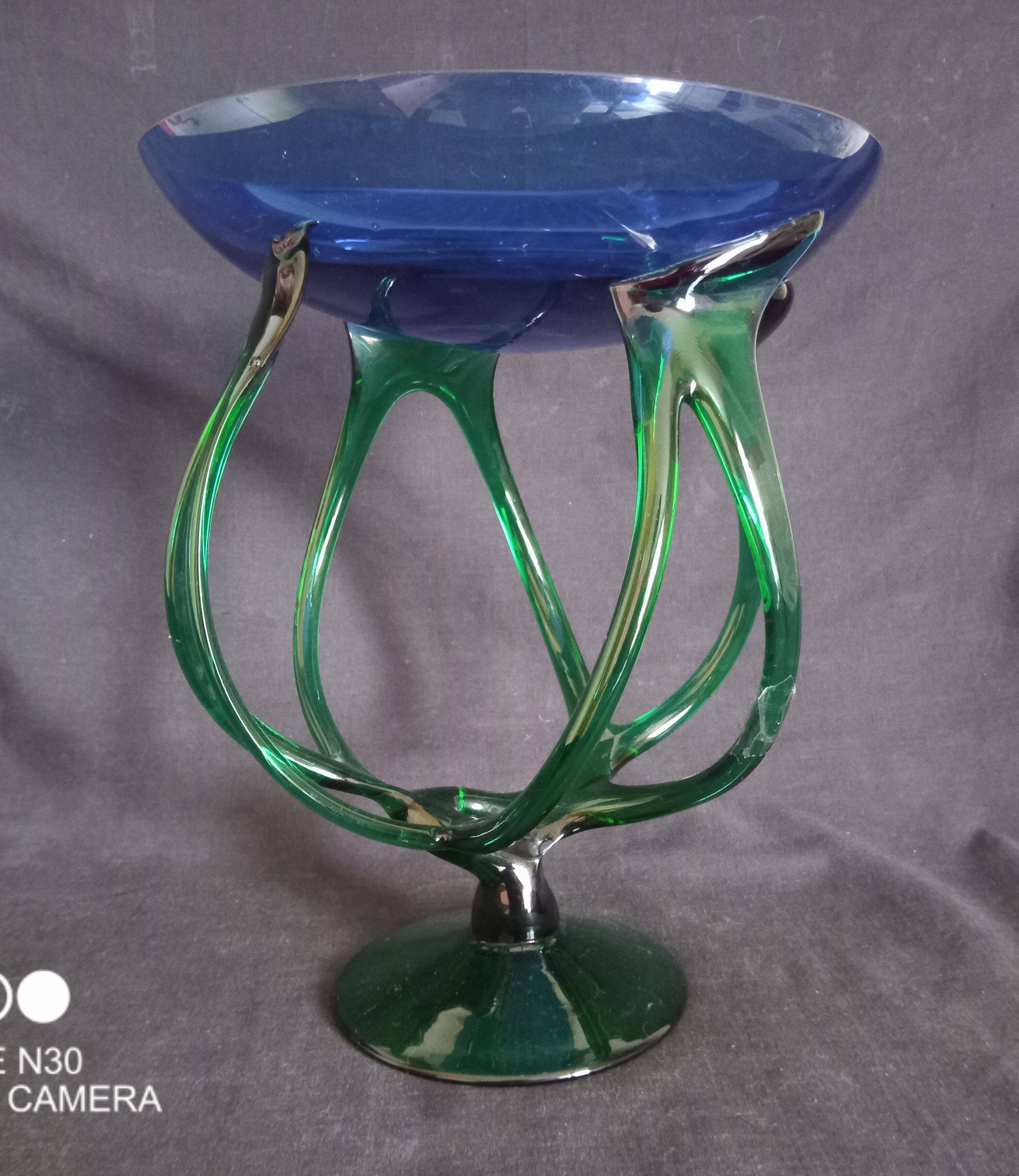 Bowl, centerpiece on twisted blue and green glass legs