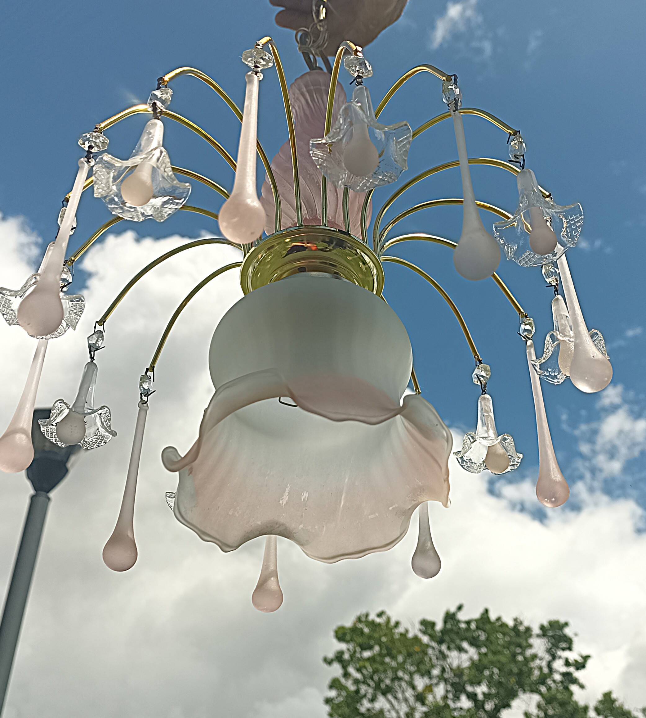 Vintage pink glass drop and flower chandelier pendant light.