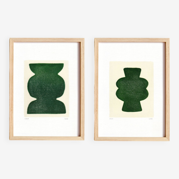 Duo de peintures sur papier - pow et mood - vert foncé - signées eawy