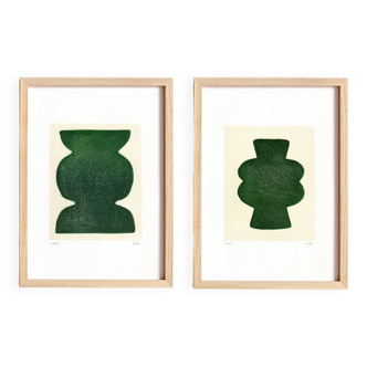 Duo of paintings on paper - pow and mood - dark green - signed eawy