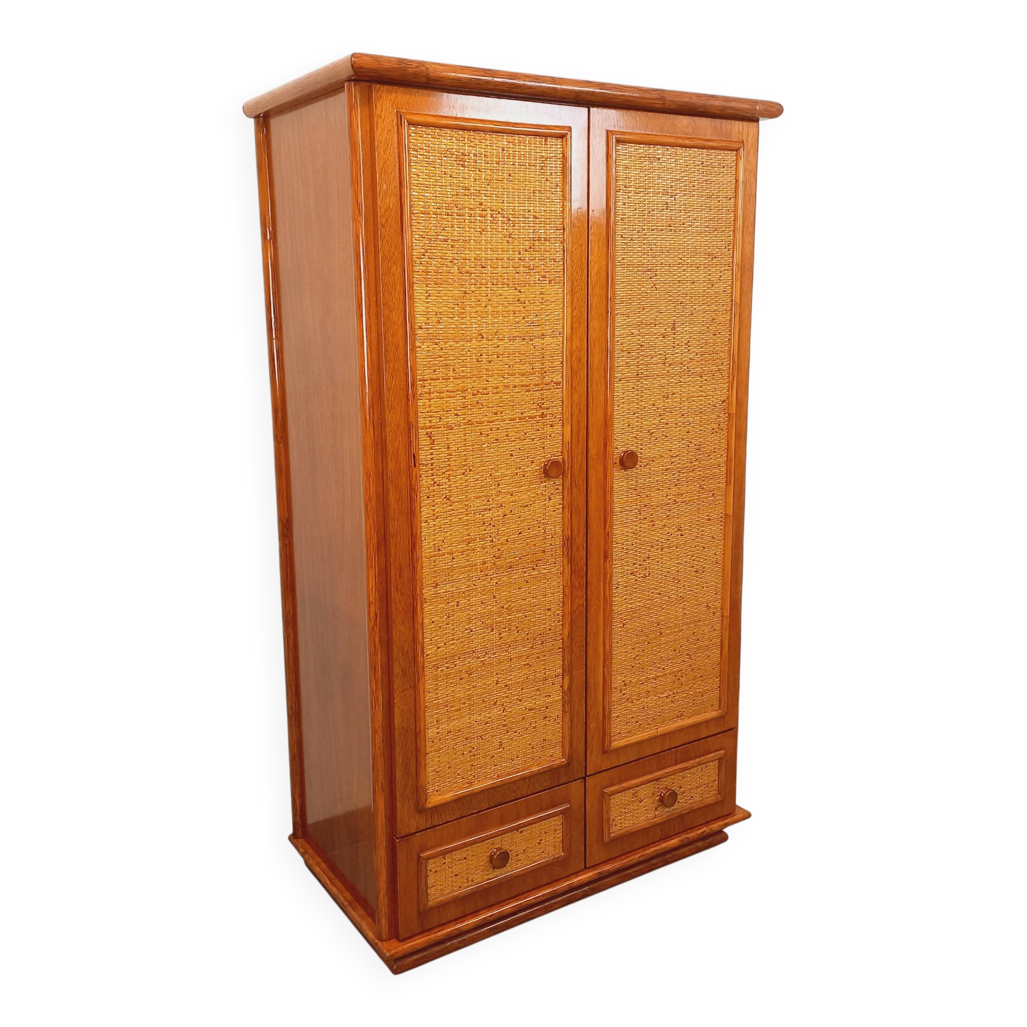 Vintage woven rattan and wood armoire by Maugrion for Roche-Bobois.