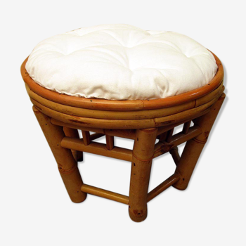 Tabouret vintage en bambou avec coussin