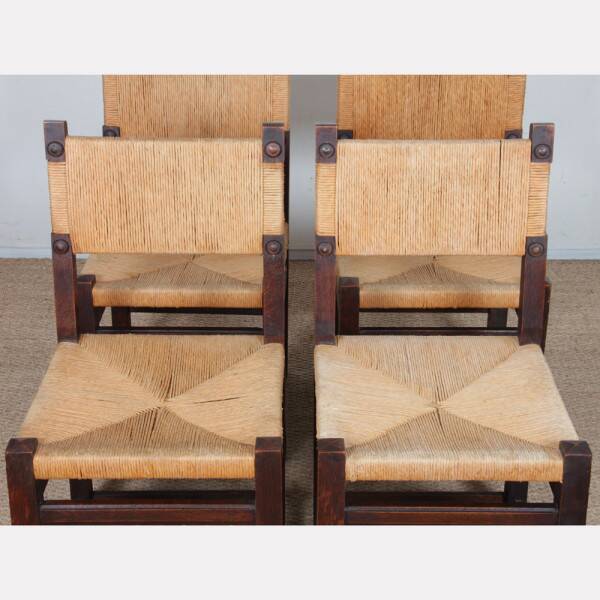 Set of 4 rush-seated chairs in solid oak, 1950.