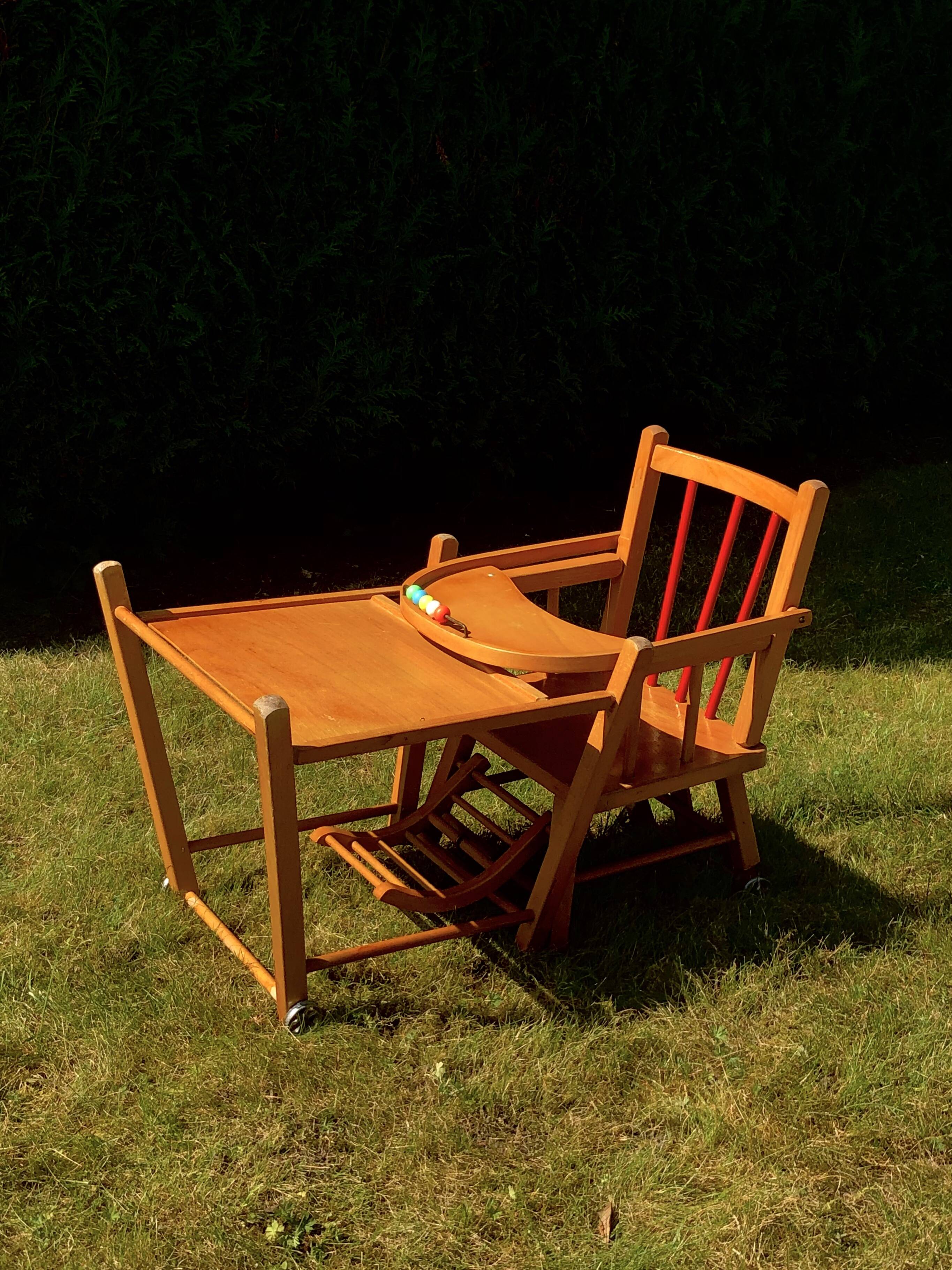 Vintage wooden children's high chair, convertible table