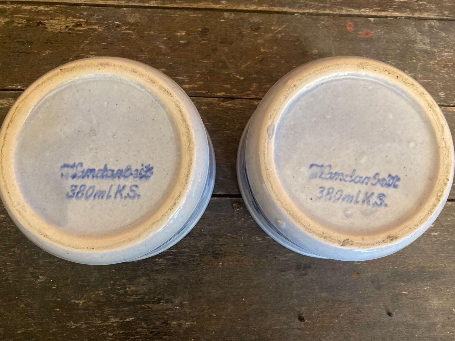 Pair of antique bowls handarbeit salt glaze blue decor vintage #d662