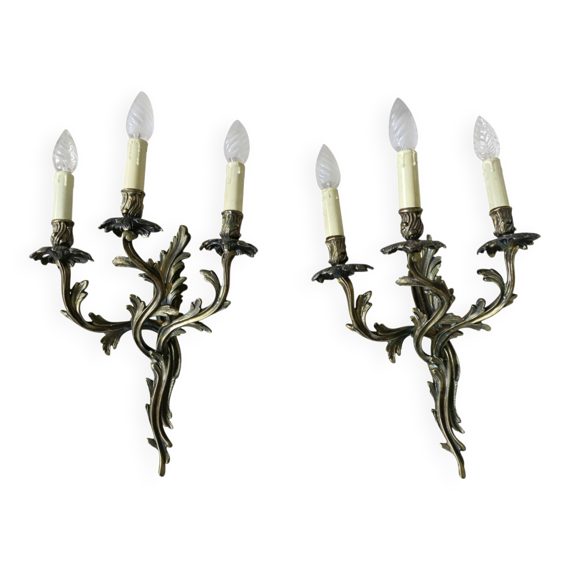 Pair of 3-Arm Wall Sconces – Louis XV / Rococo Style – Gilded Metal
