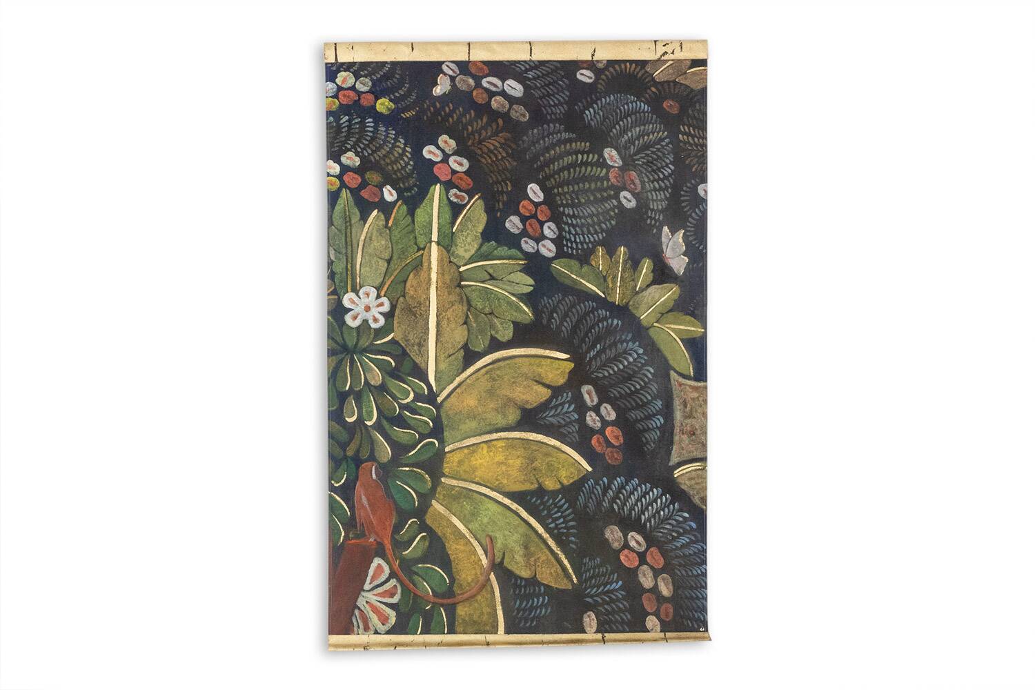 Painted canvas depicting a marmoset on a floral background. Contemporary.