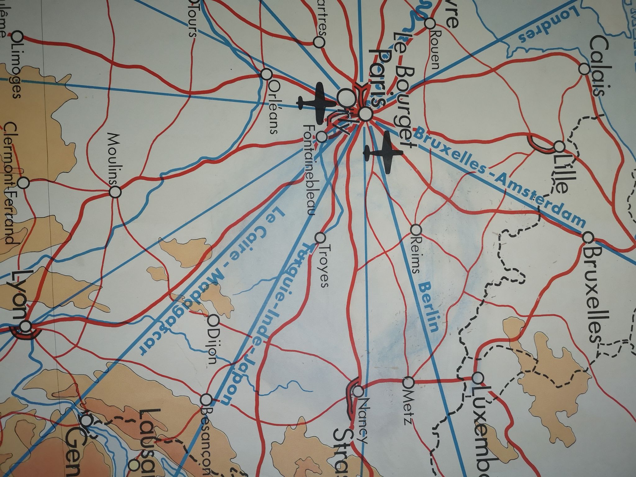 Rossignol school poster from the 50s map of France train railways planes