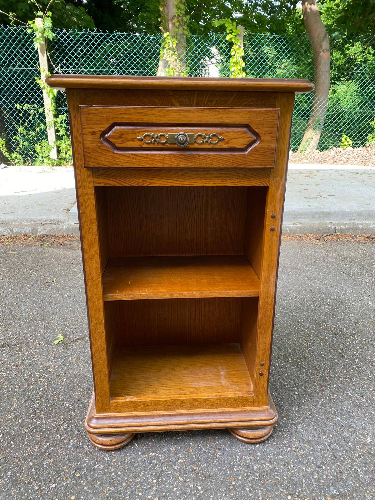 English solid wood bedside table with drawer