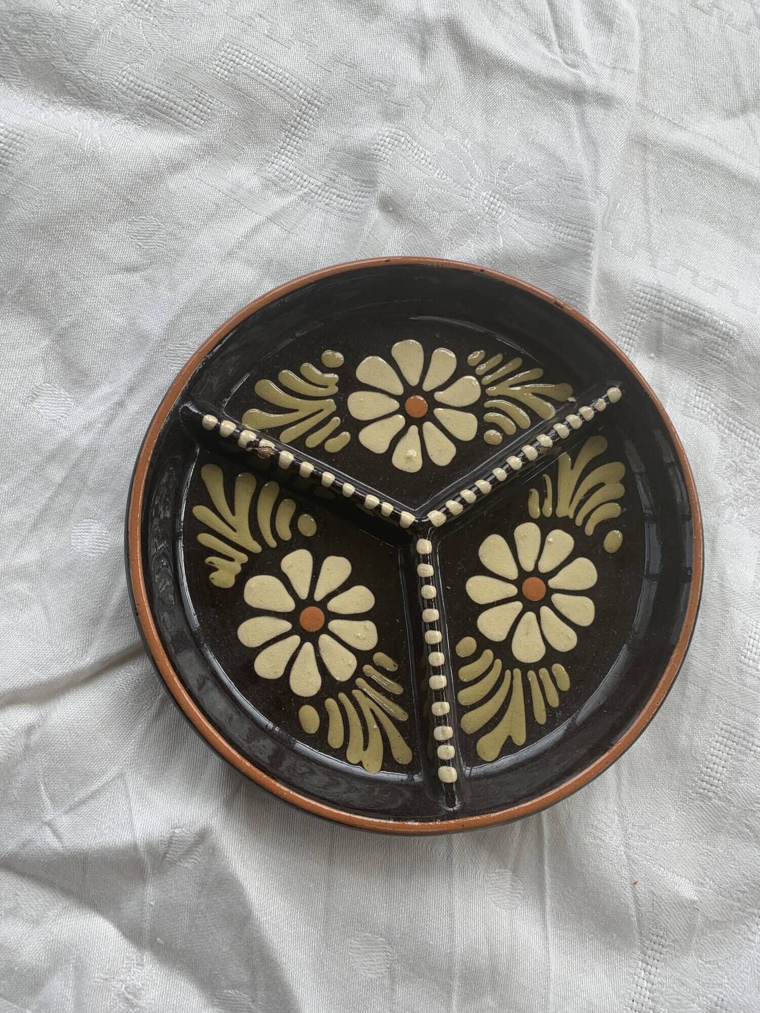 Compartment plate Alsatian pottery vintage floral pattern