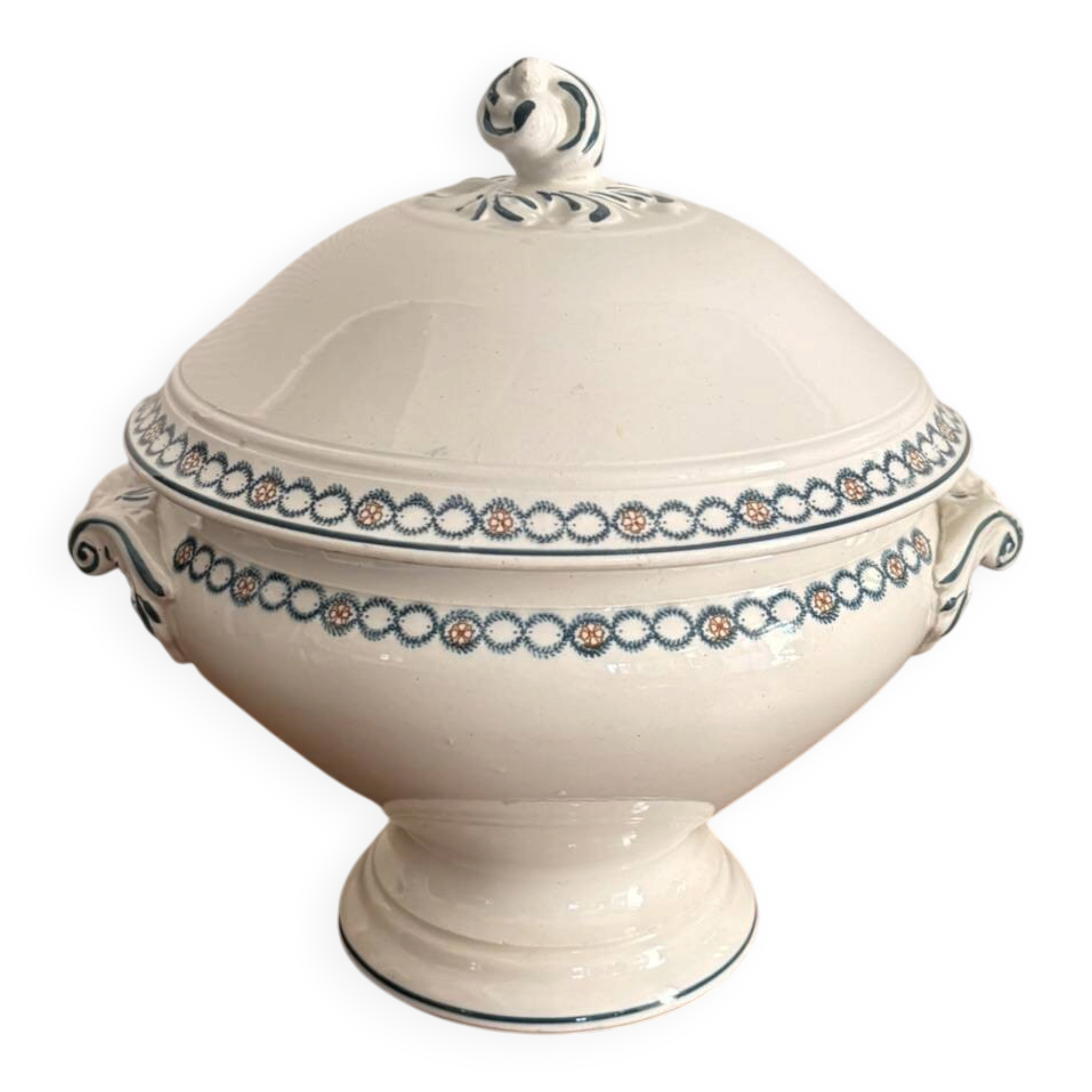 Antique Soup Tureen Vegetable Dish Faience Longwy Henri II Style Geometric Frieze