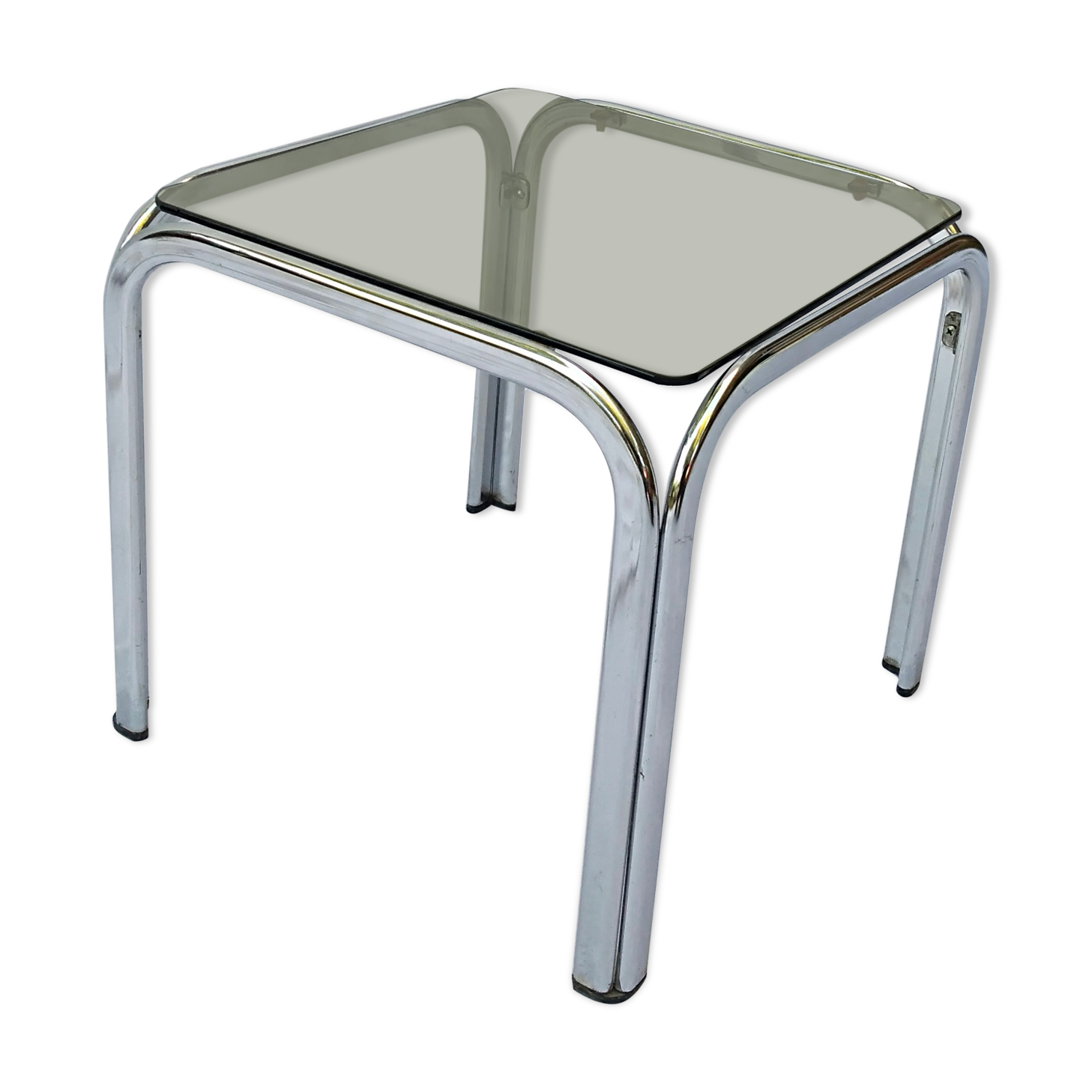 Square coffee table chromed metal and smoked glass