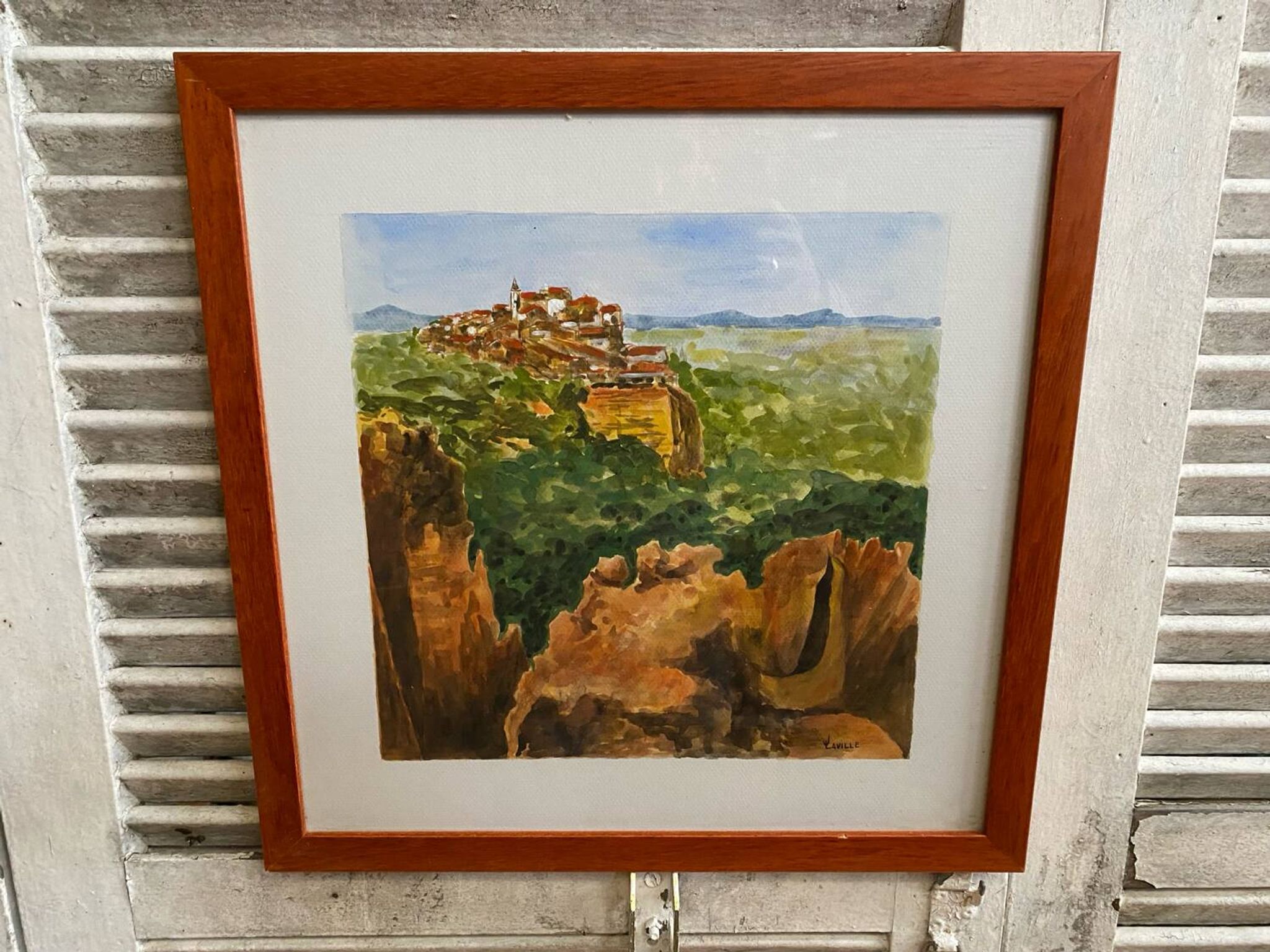 Old painting jean laville st germain roussillon + wooden frame