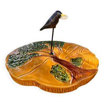 Plateau à fromage céramique Vallauris, corbeau et arbre, années