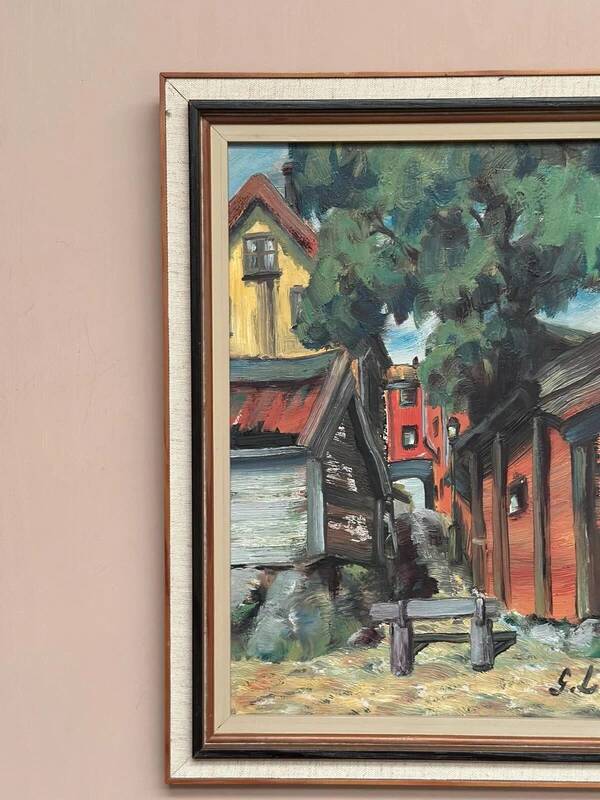 Original oil on panel “Red cottages” by Ingrid Larsblad, vintage & framed 30×40cm