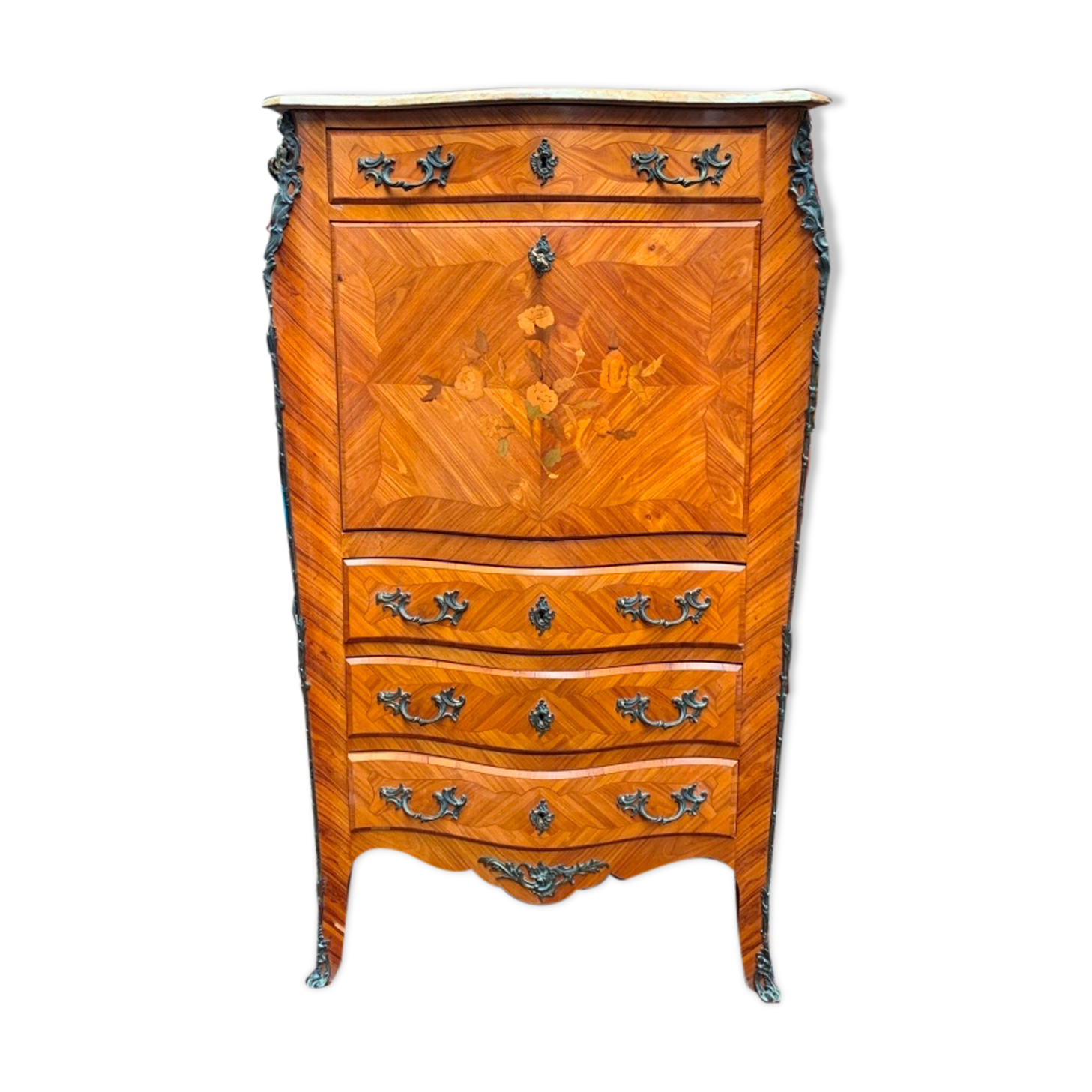Old French secretary in bronze and wood marquetry.