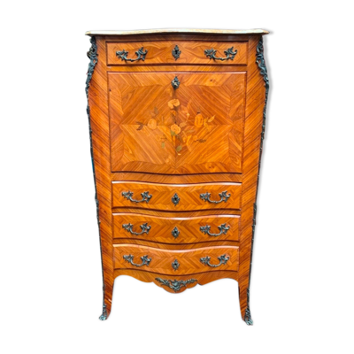 Ancien secrétaire français en bronze et marqueterie de bois.