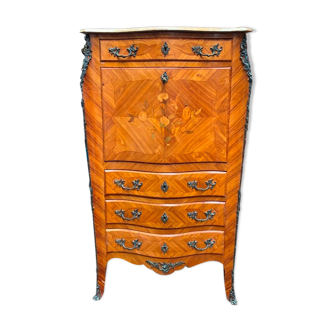 Old French secretary in bronze and wood marquetry.
