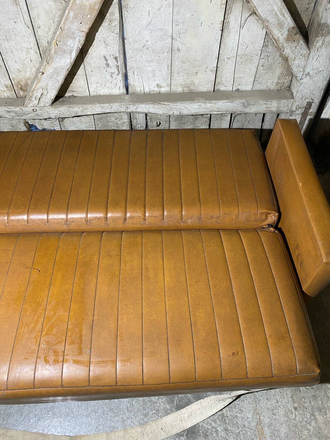 Vintage 60s 70s Brown Faux Leather Sofa Bed with Armrests #D4