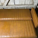 Vintage 60s 70s Brown Faux Leather Sofa Bed with Armrests #D4
