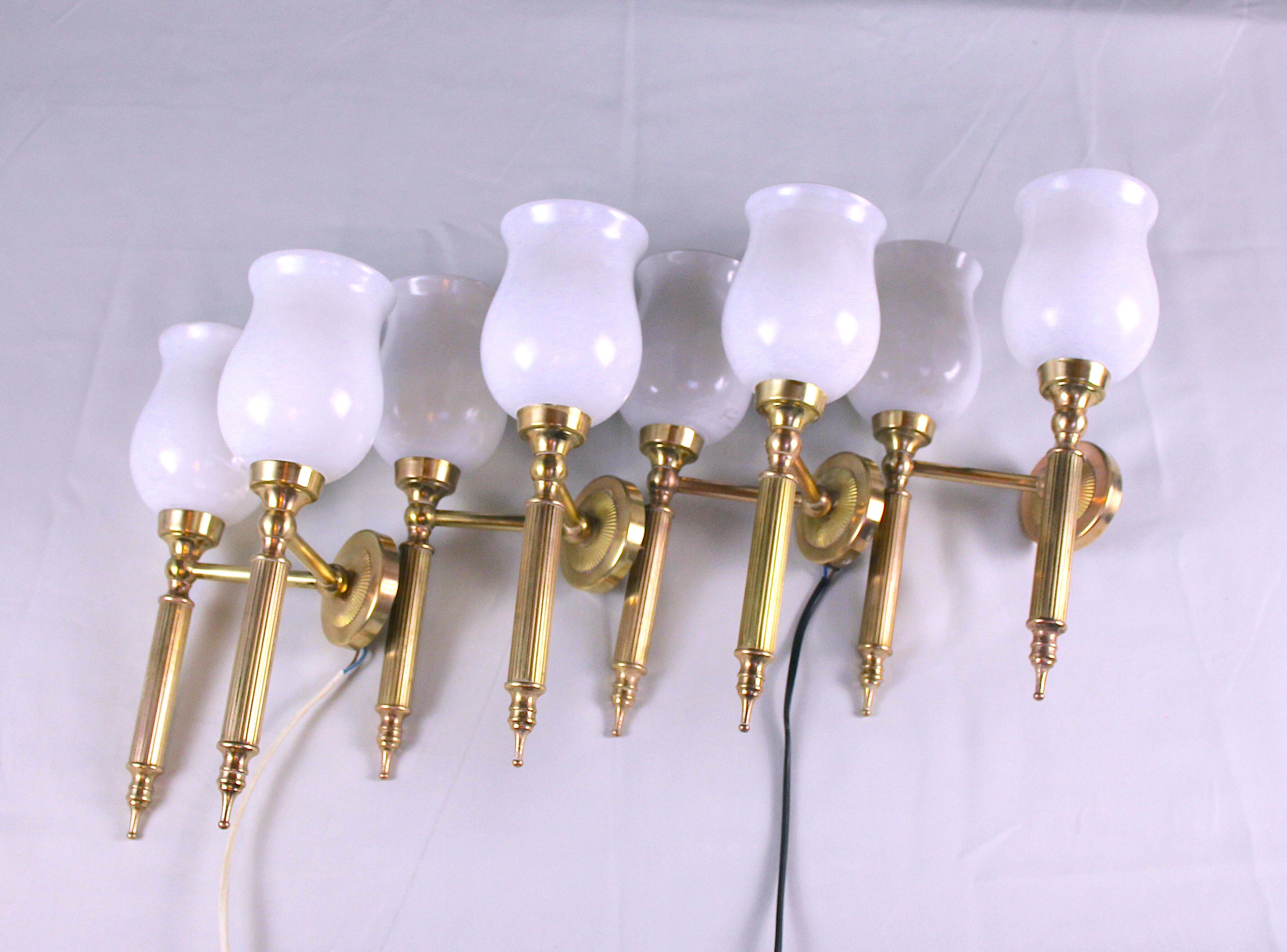 Pair, Neo-Classic Wall Sconces, with Original Tulip Opaline, Maison Jansen France Mid-Century
