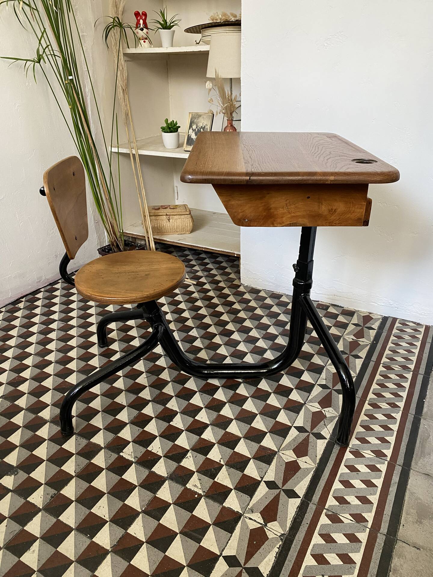 Old school desk with integrated chair – oak and metal – year