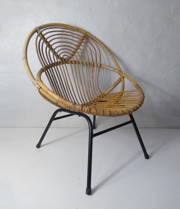 Fauteuil coquille rotin métal