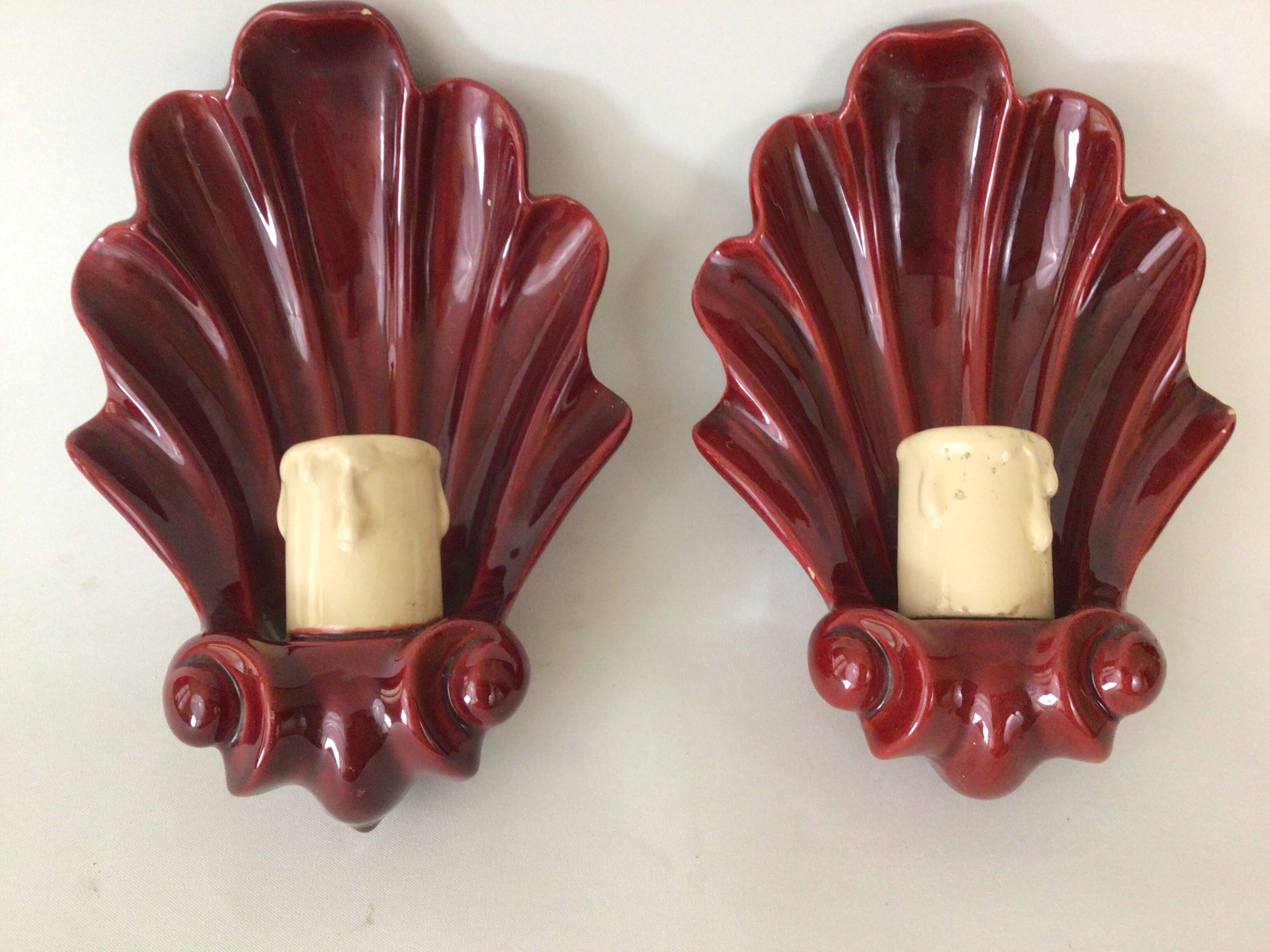 Pair of vintage shell ceramic wall lamps