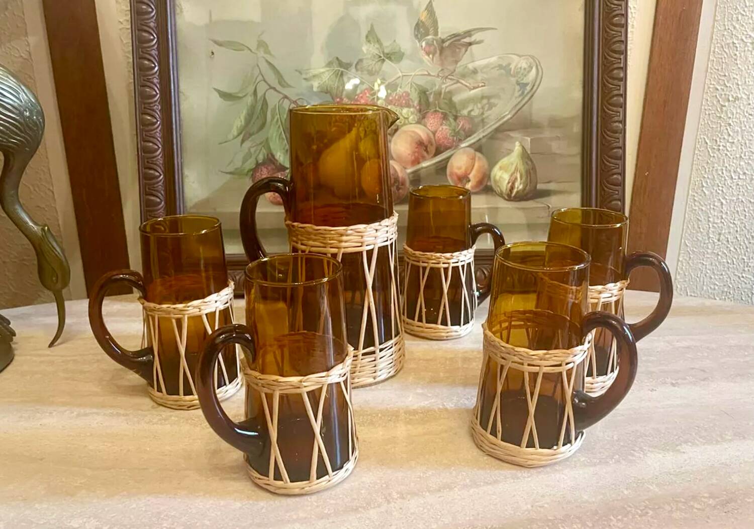 Amber glass and wicker lemonade set