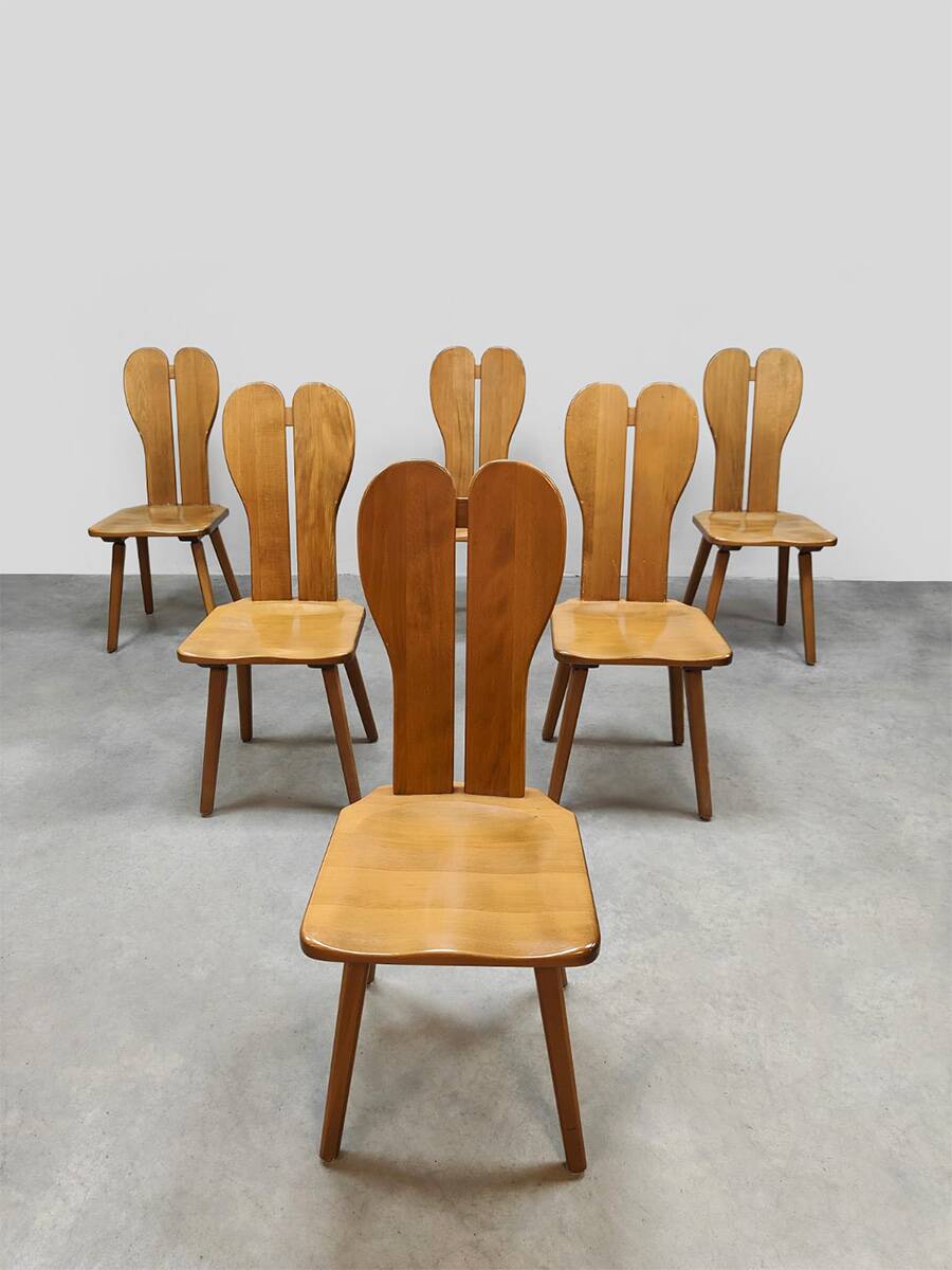 Vintage brutalist wooden dining chairs 1970 'hearts'